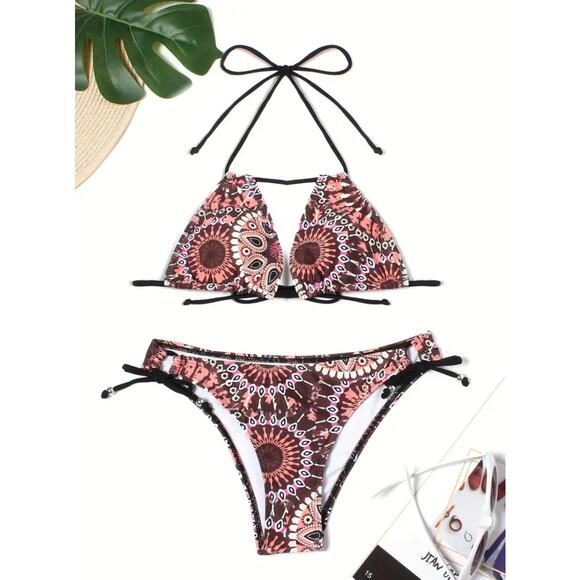 NEW Triangle Halter Top String Tie Mandala Print Bikini Size MEDIUM - Picture 2 of 7